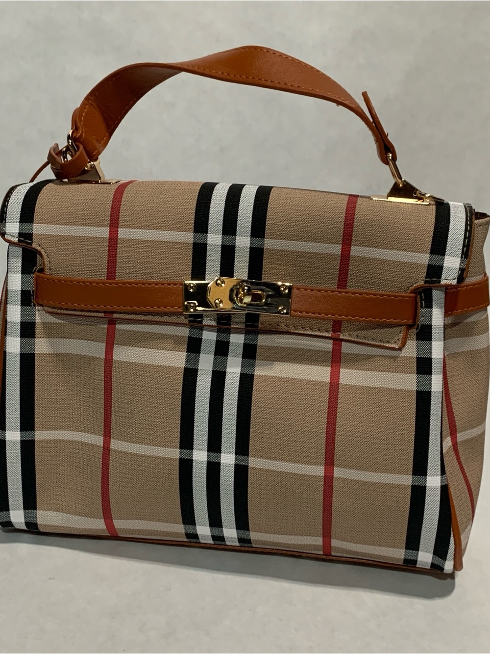 Top-Handle Plaid Satchel Handbag in Beige and Tan